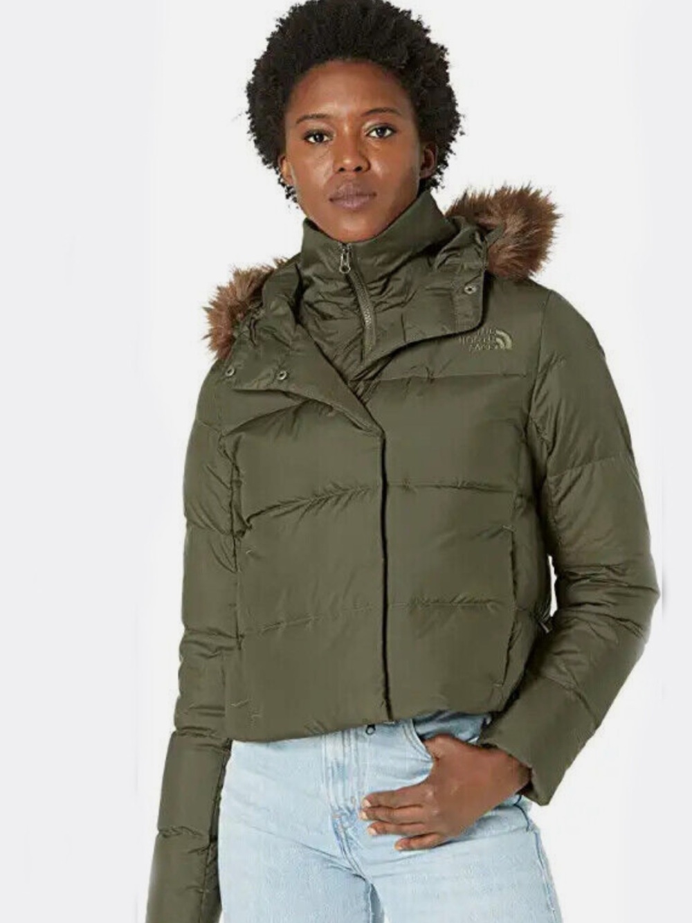 The North Face Women’s Olive Green Puffer Jacket with Faux Fur-Trim Hood